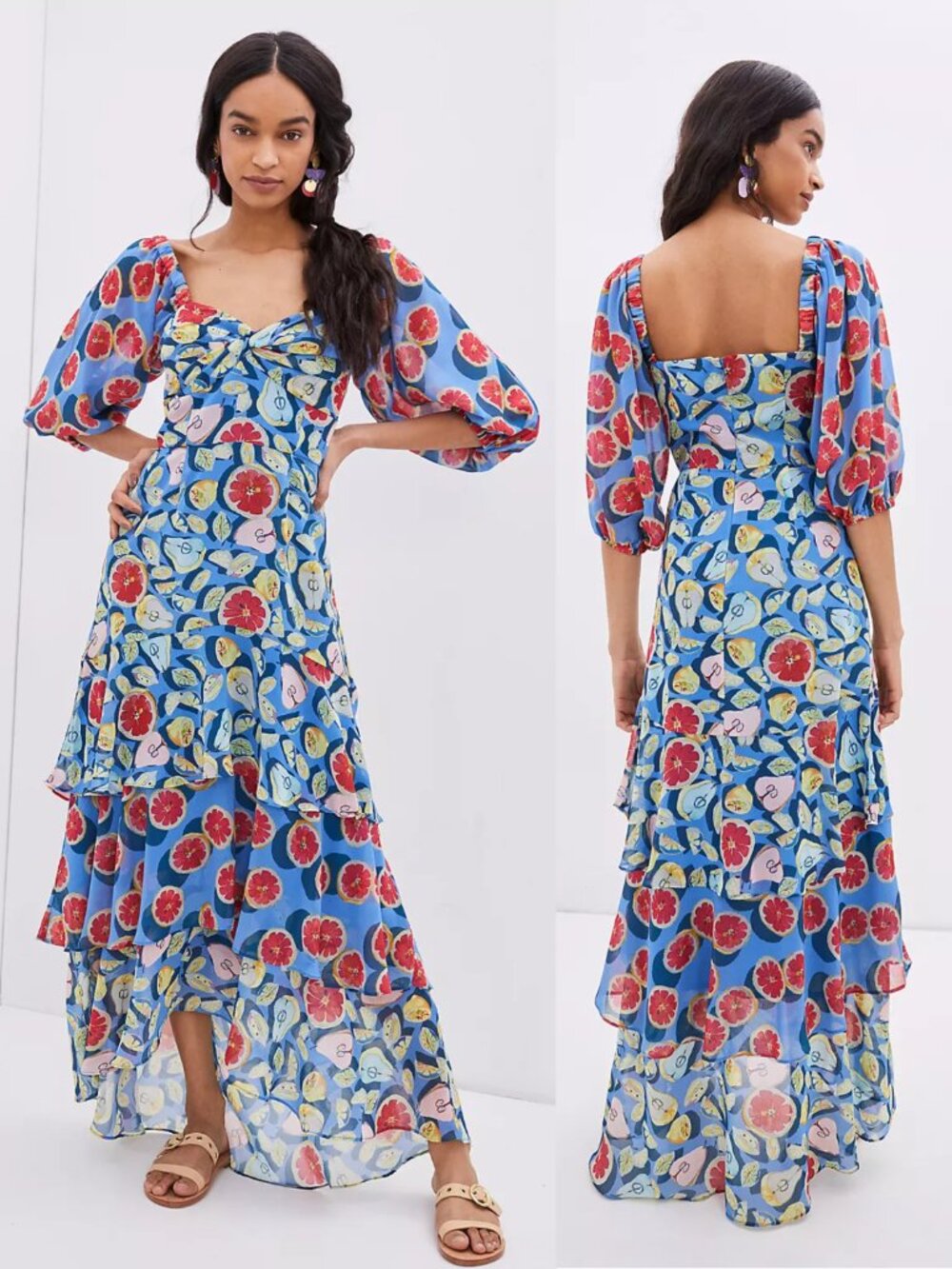 Anthropologie HUTCH Frutas Ruffled Maxi Dress Tiered Chiffon Fruit Print size 14